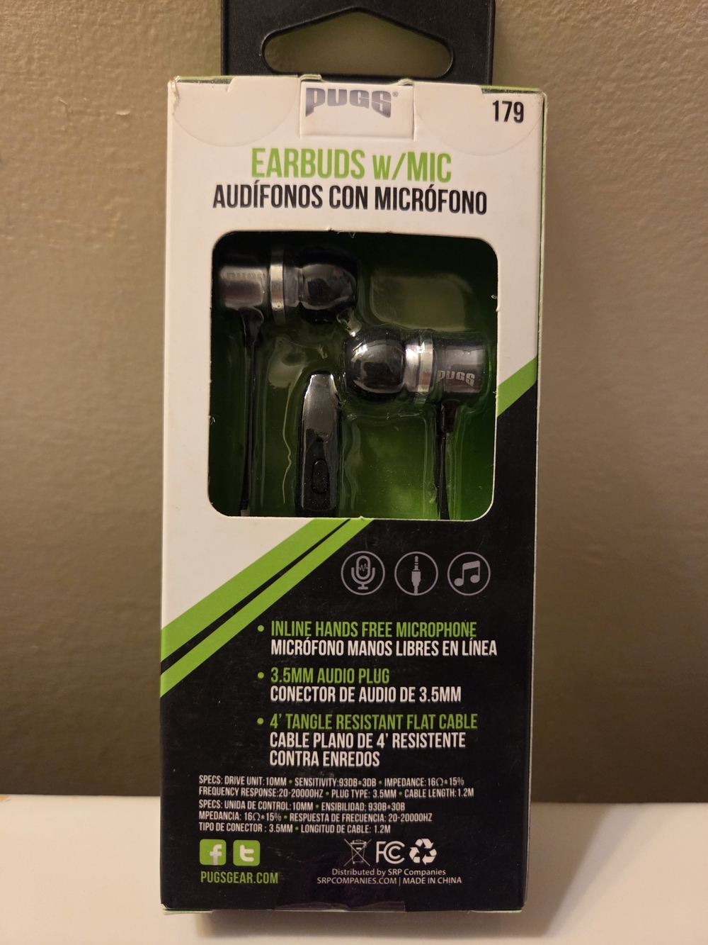 Pugs Earbuds with Inline Mic 3.5mm Audio Plug 4ft Tangle Resistant Flat Cable